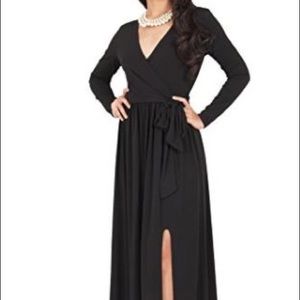 KOH KOH Long Sleeve V-Neck Slit Maxi Dress